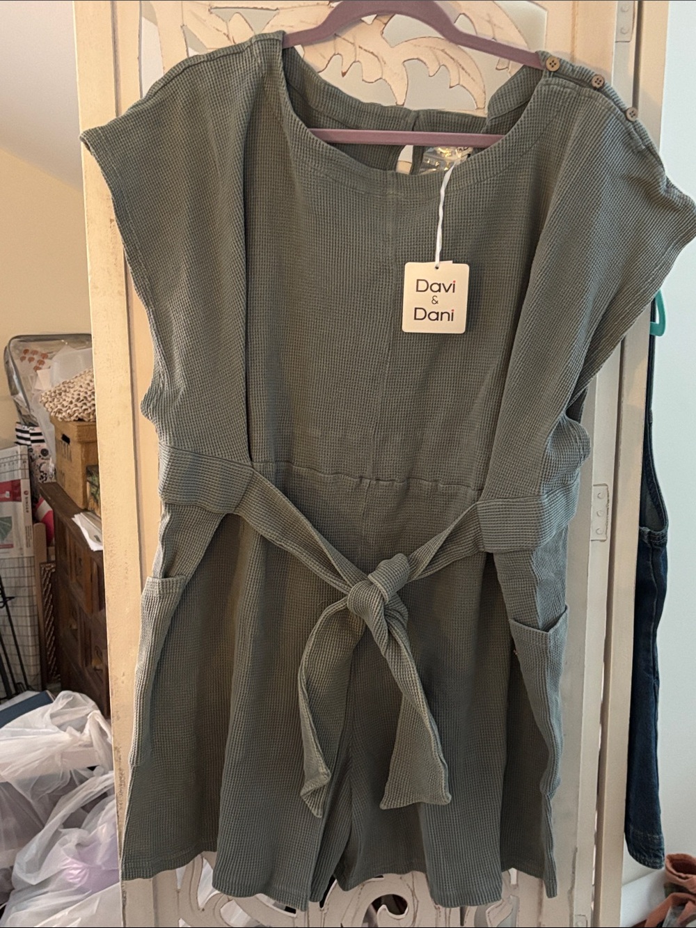 DAVI & DANI Sage Green Tie-Waist Romper